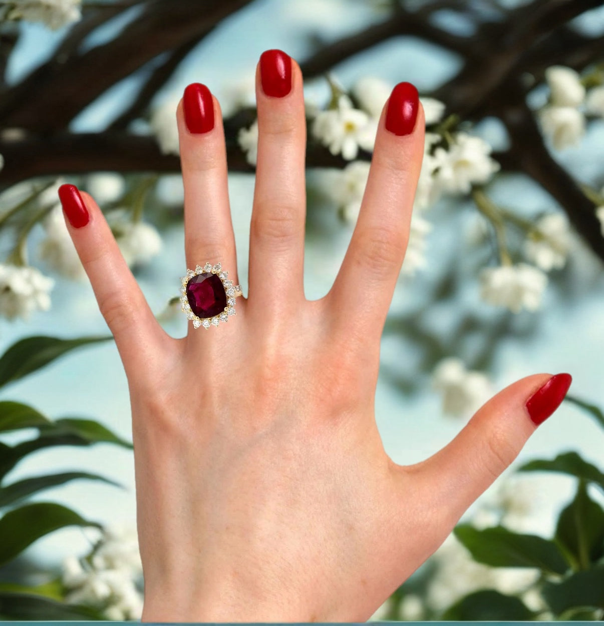 Red tourmaline diamonds ring