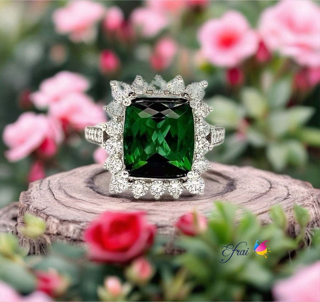 Bright dark green tourmaline and diamonds ring