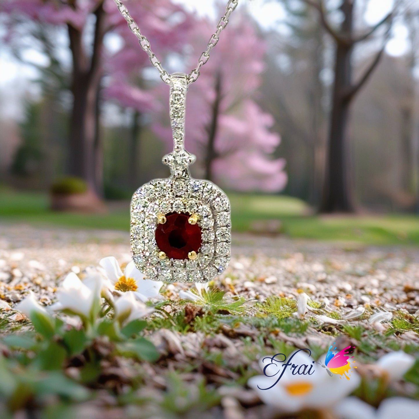 Dainty classy natural ruby and diamonds necklace