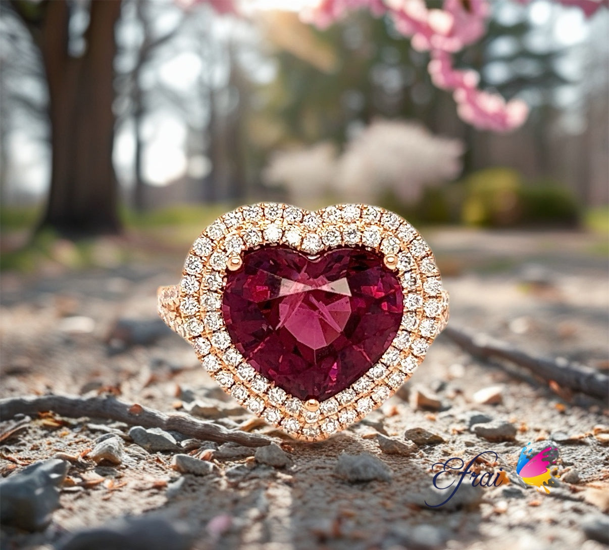 Garnet heart red and diamonds ring