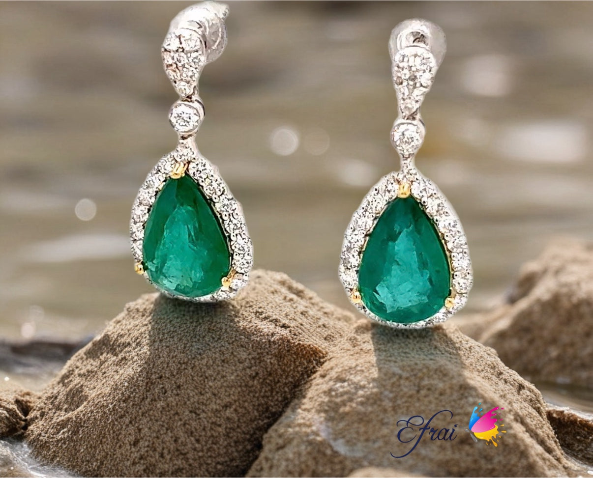 Pear shaped natural green emerald and diamonds earrings