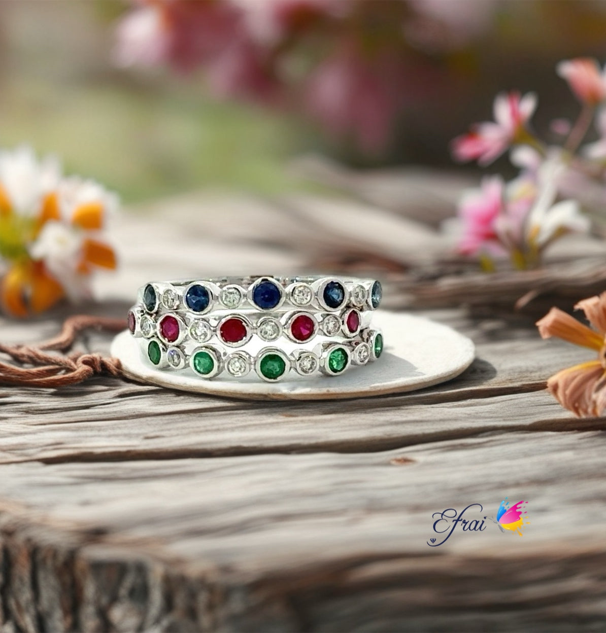 Tricolor gemstones and diamonds ring