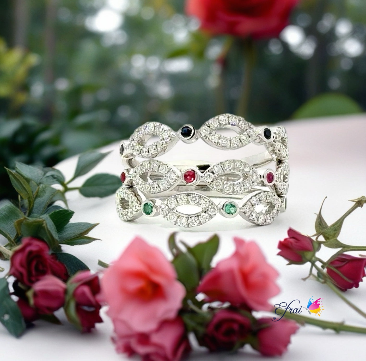 Tricolor gemstones and diamonds band