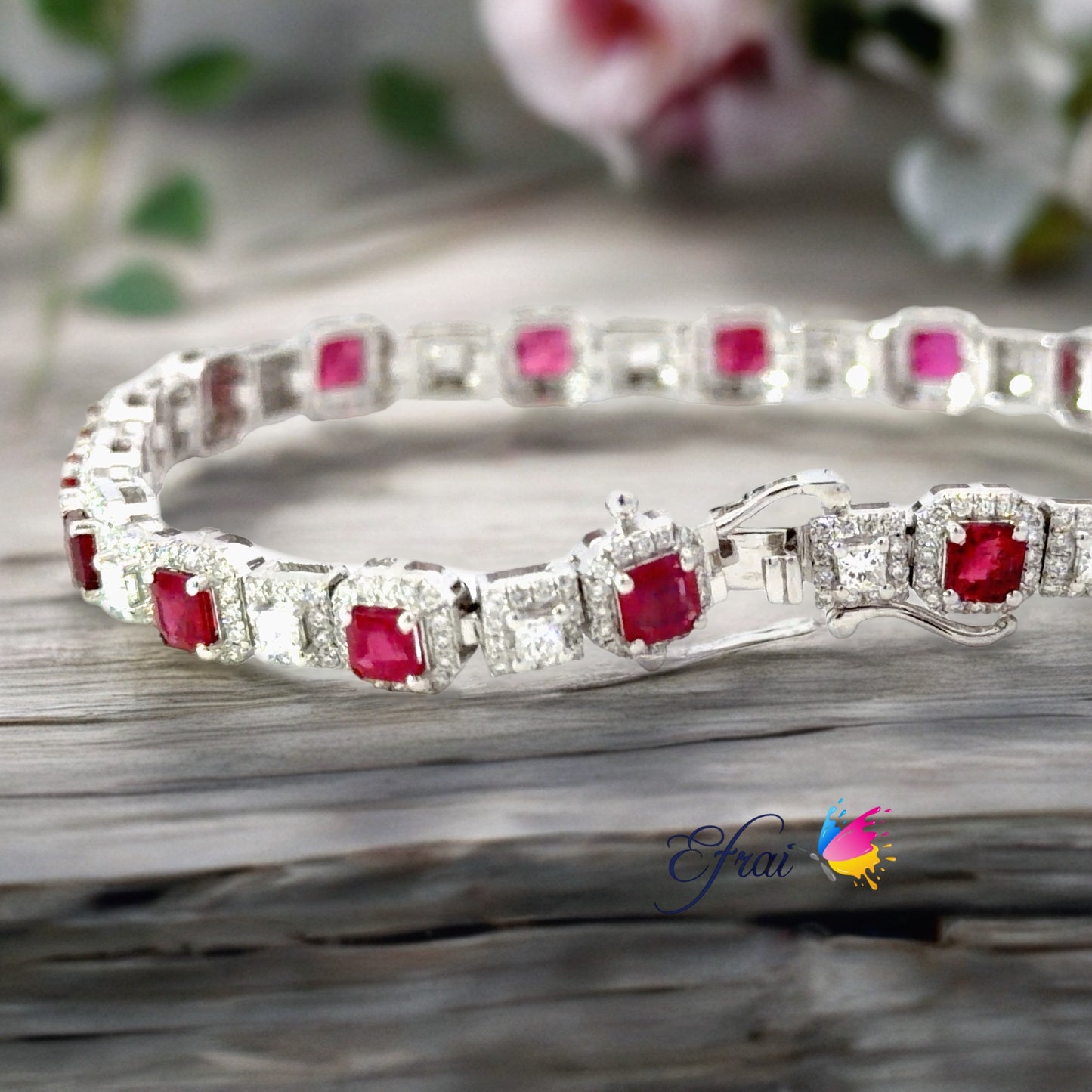 Exquisite 14K White Gold Natural Ruby and diamonds Tennis Bracelet