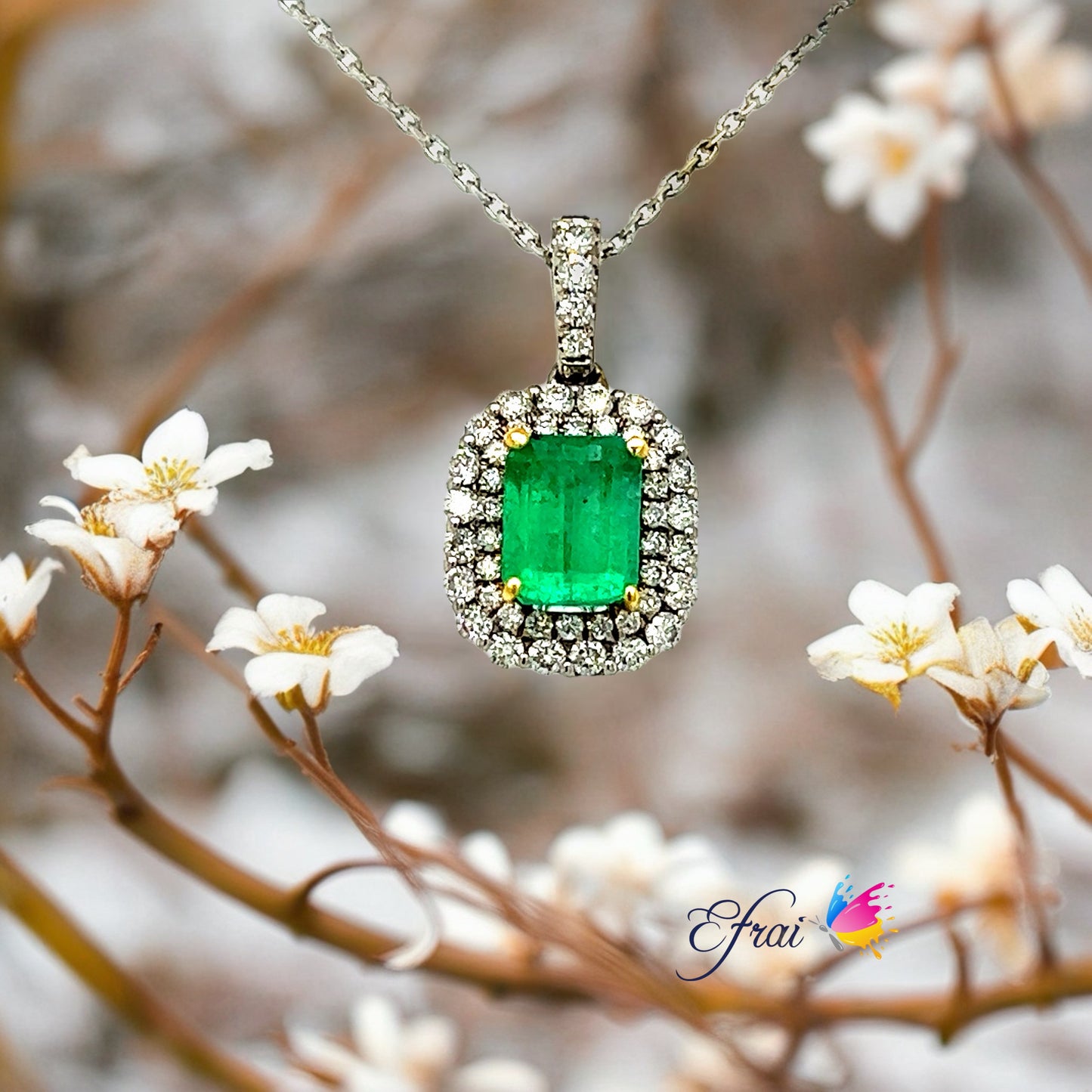 Deep green emerald and diamonds necklace