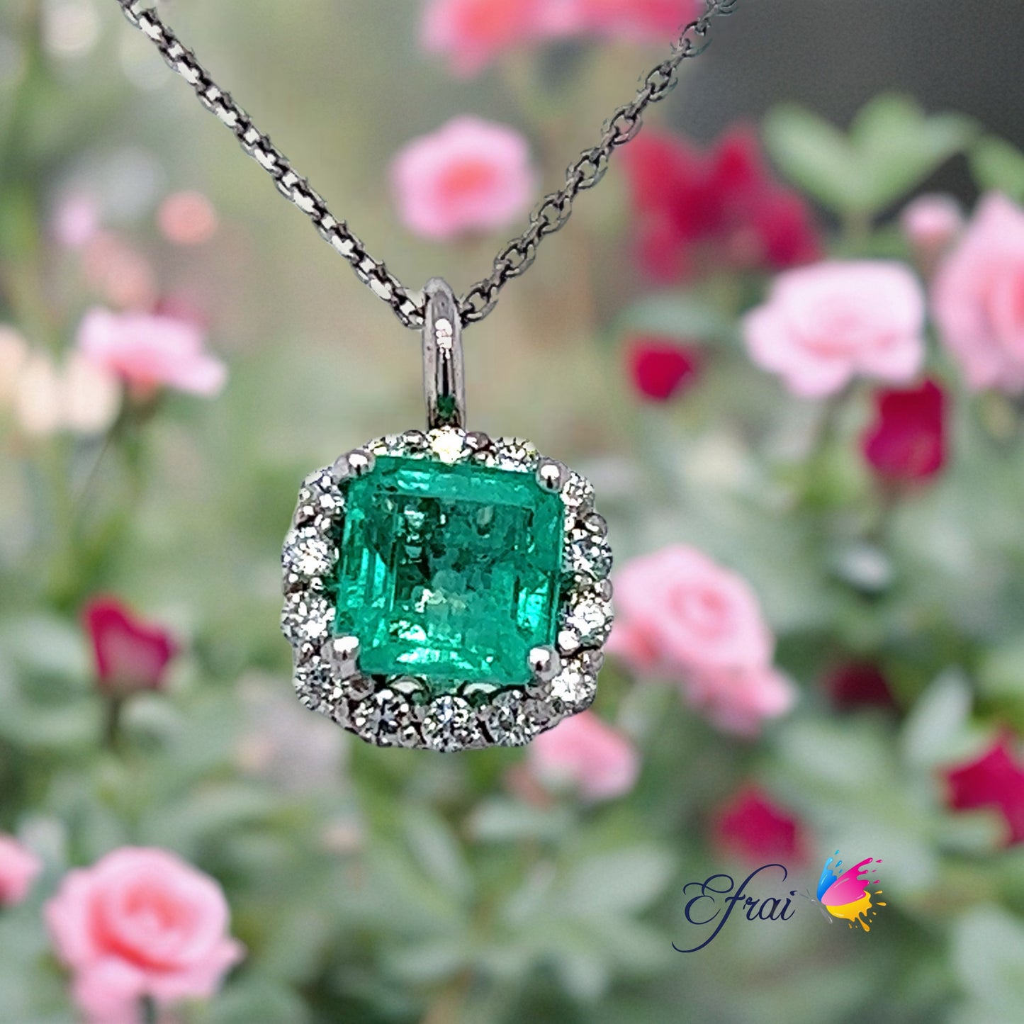 Bright green emerald and diamonds necklace