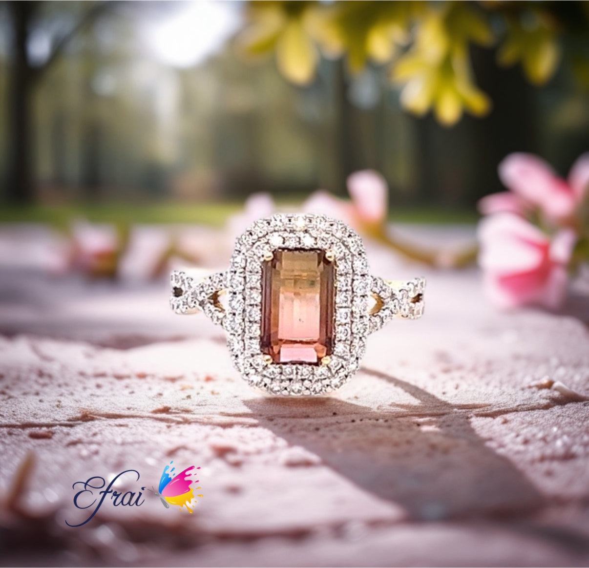 Emerald cut Bicolor tourmaline diamonds ring