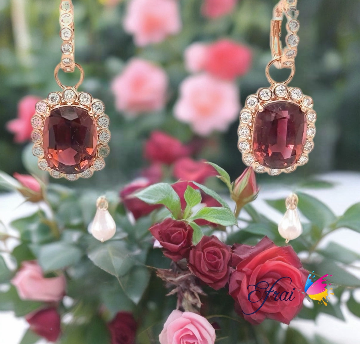 Oval pink tourmalines diamonds earrings