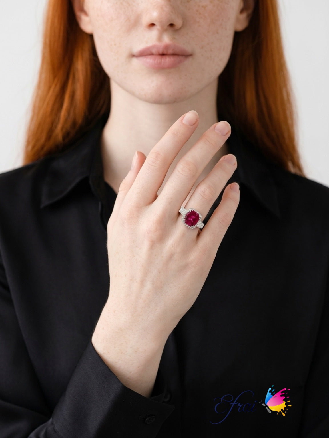 Natural neon red tourmaline and diamonds ring