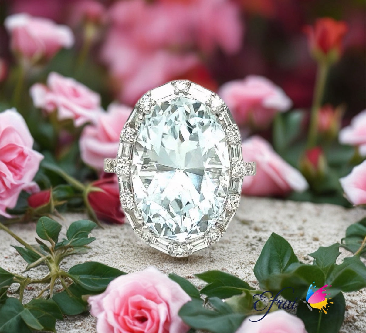 Natural blue aquamarine and diamonds ring