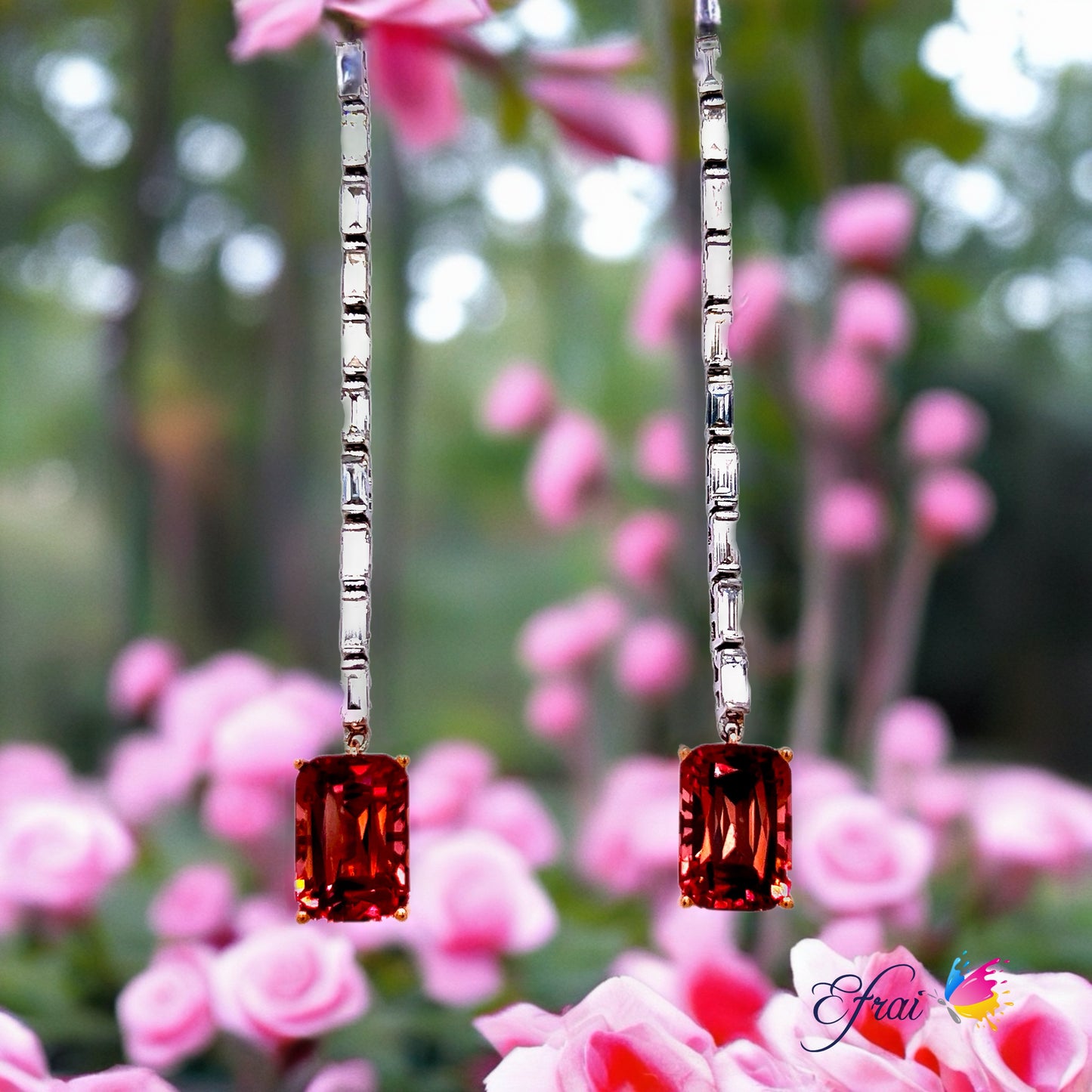 unique elegant deep pink tourmaline and baguette diamonds earrings