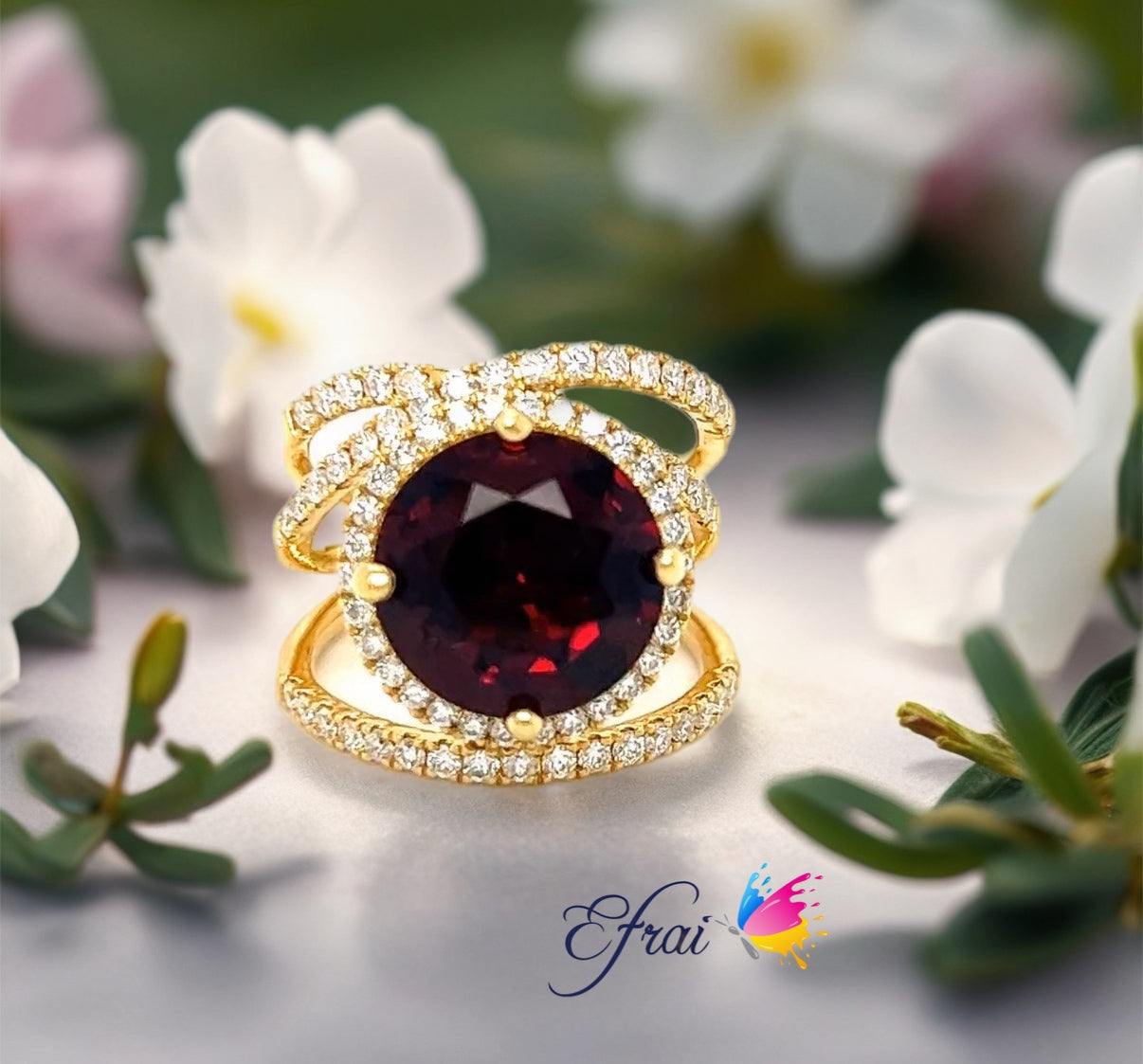 Malayan deep red garnet diamonds ring