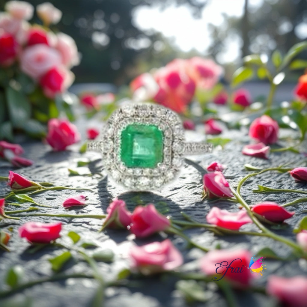 Gorgeous natural emerald and double halo diamonds ring