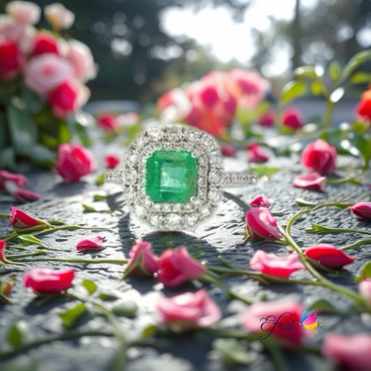 Gorgeous natural emerald and double halo diamonds ring