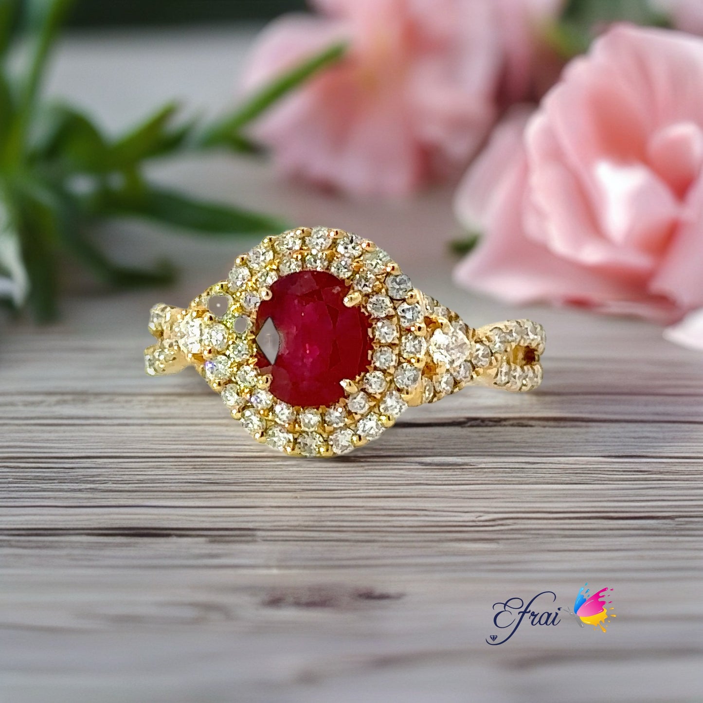 Gorgeous deep natural red ruby and diamonds ring