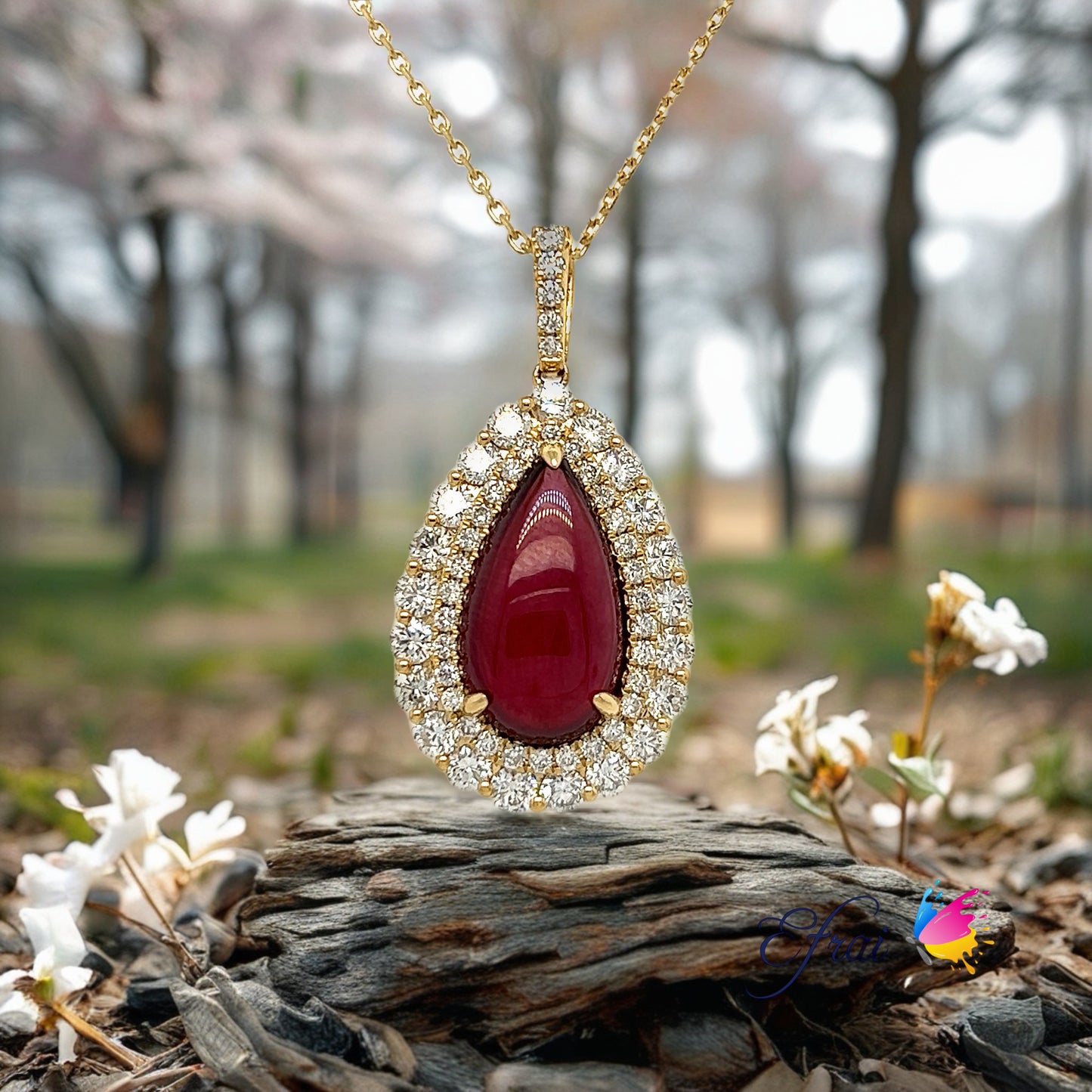 Natural Pear shaped Cabochon red tourmaline diamonds necklace