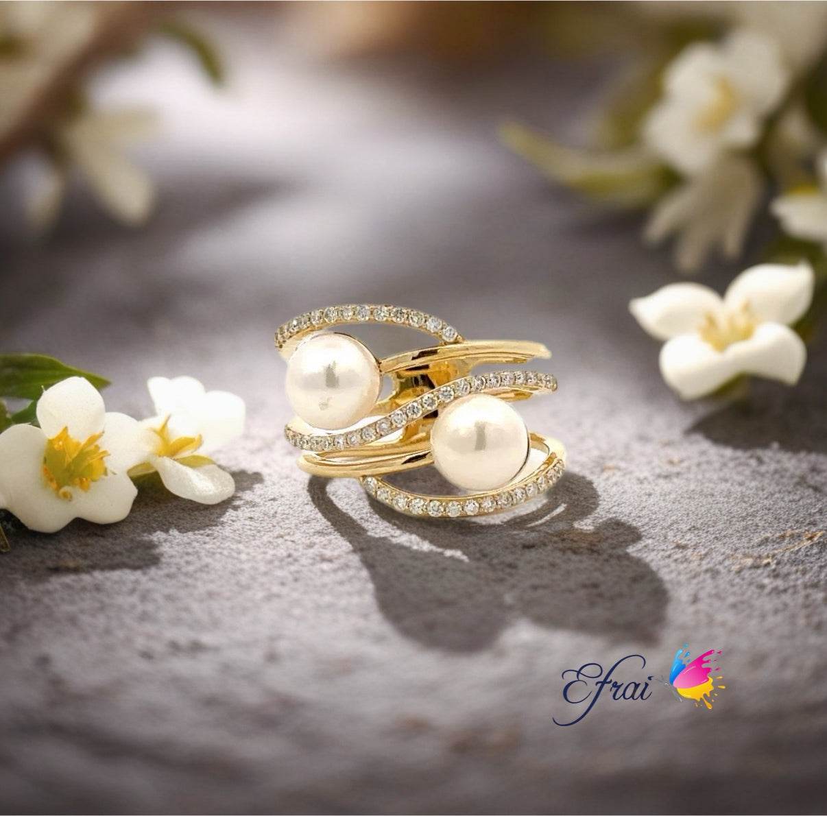 Double natural pearls and diamonds ring