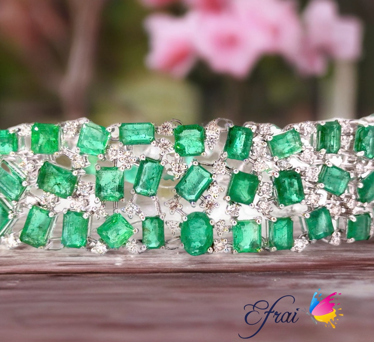 Natural multi shape Emerald and Round Diamond Wide Band Bracelet in White Gold
