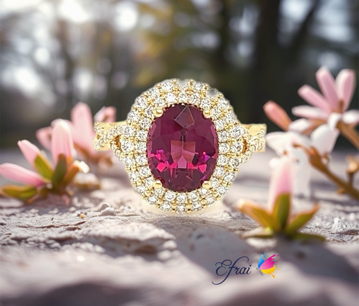 Bright burgundy garnet and diamonds ring