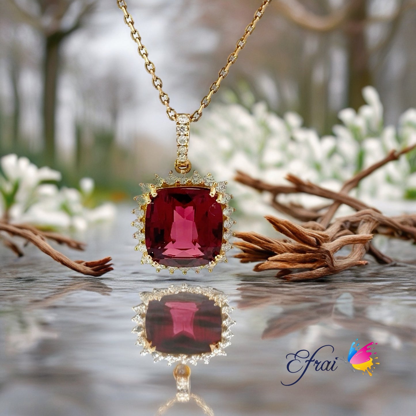 Gorgeous natural deep red garnet and diamonds necklace