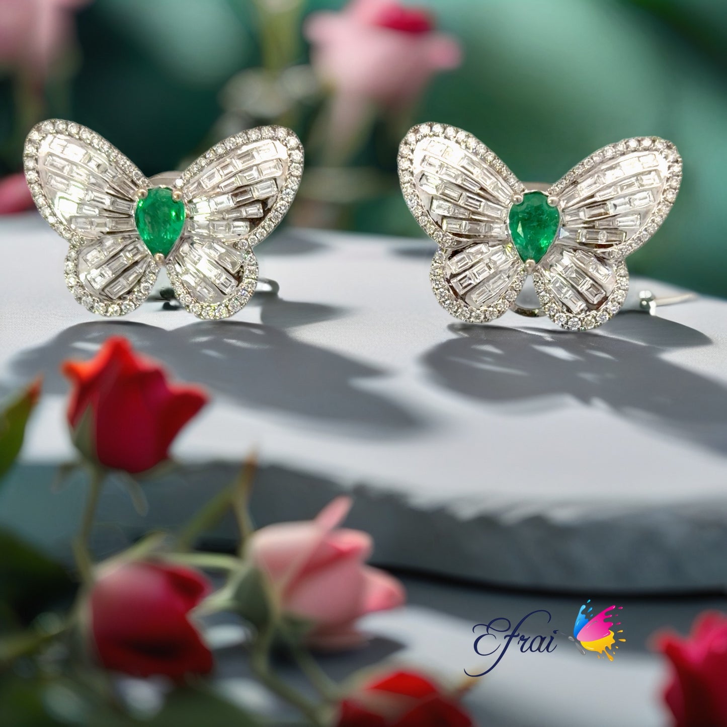 Unique 18K White Gold Natural Emeralds and diamonds Butterfly Stud Earrings