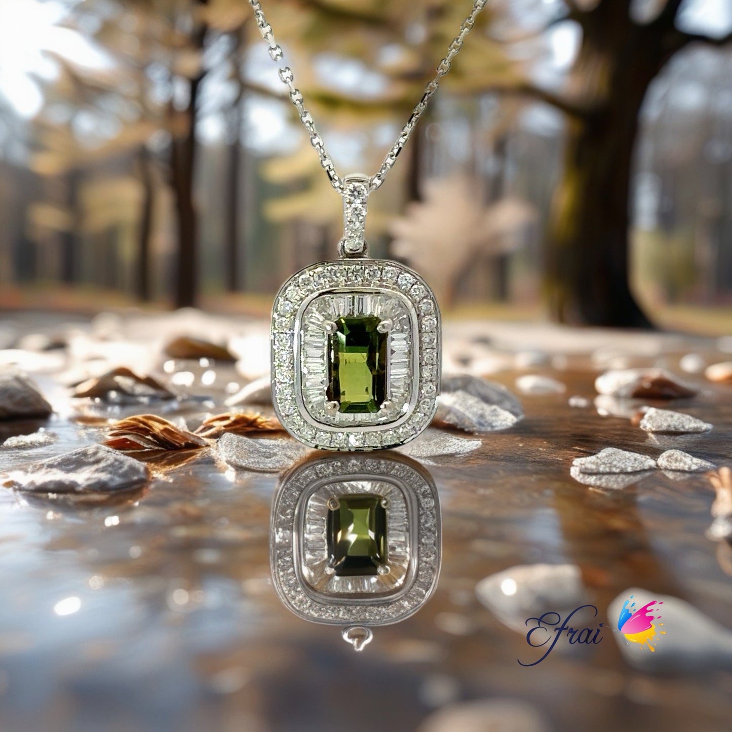 Emerald cut green tourmaline diamonds necklace