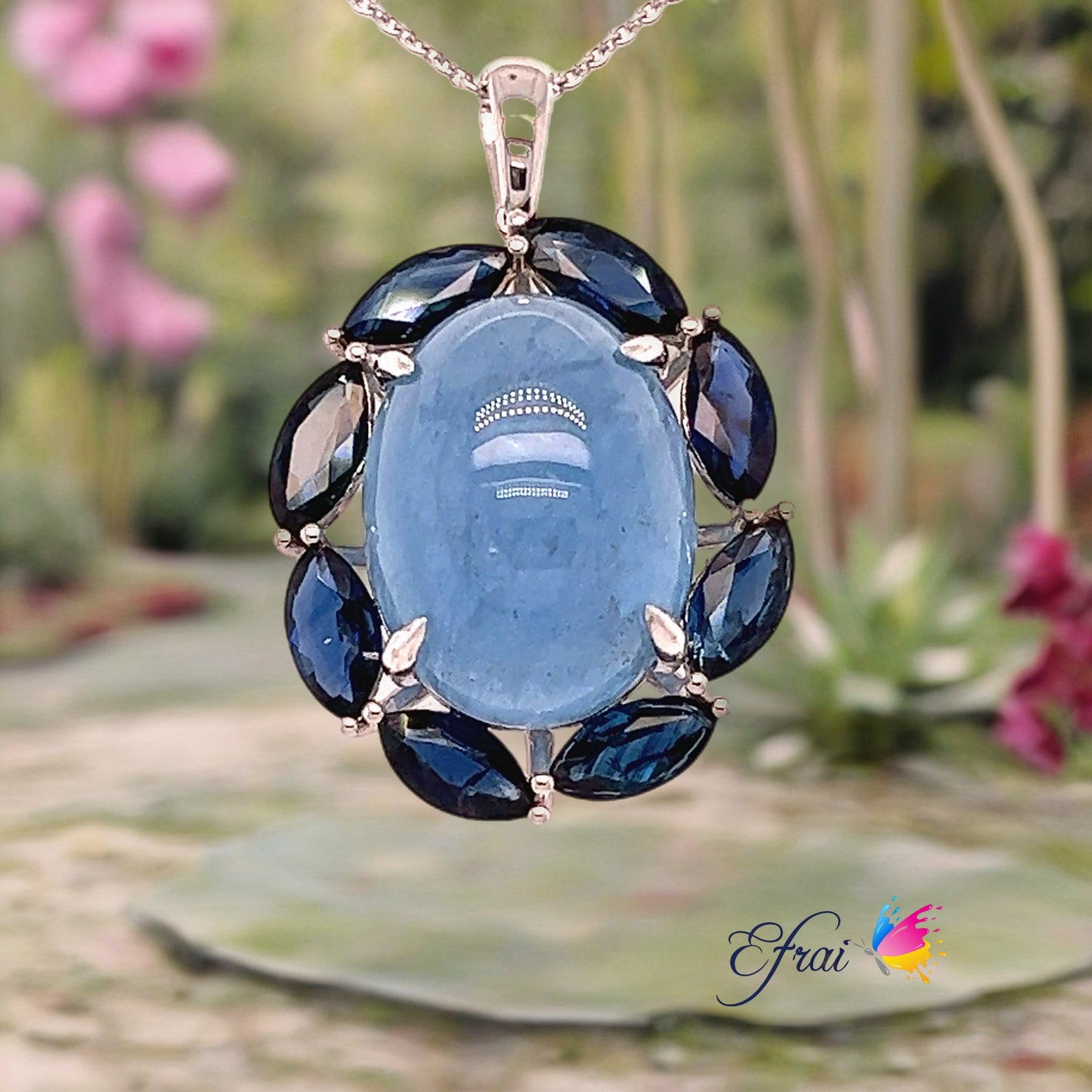 Cabochon aqua and MQ sapphires necklace