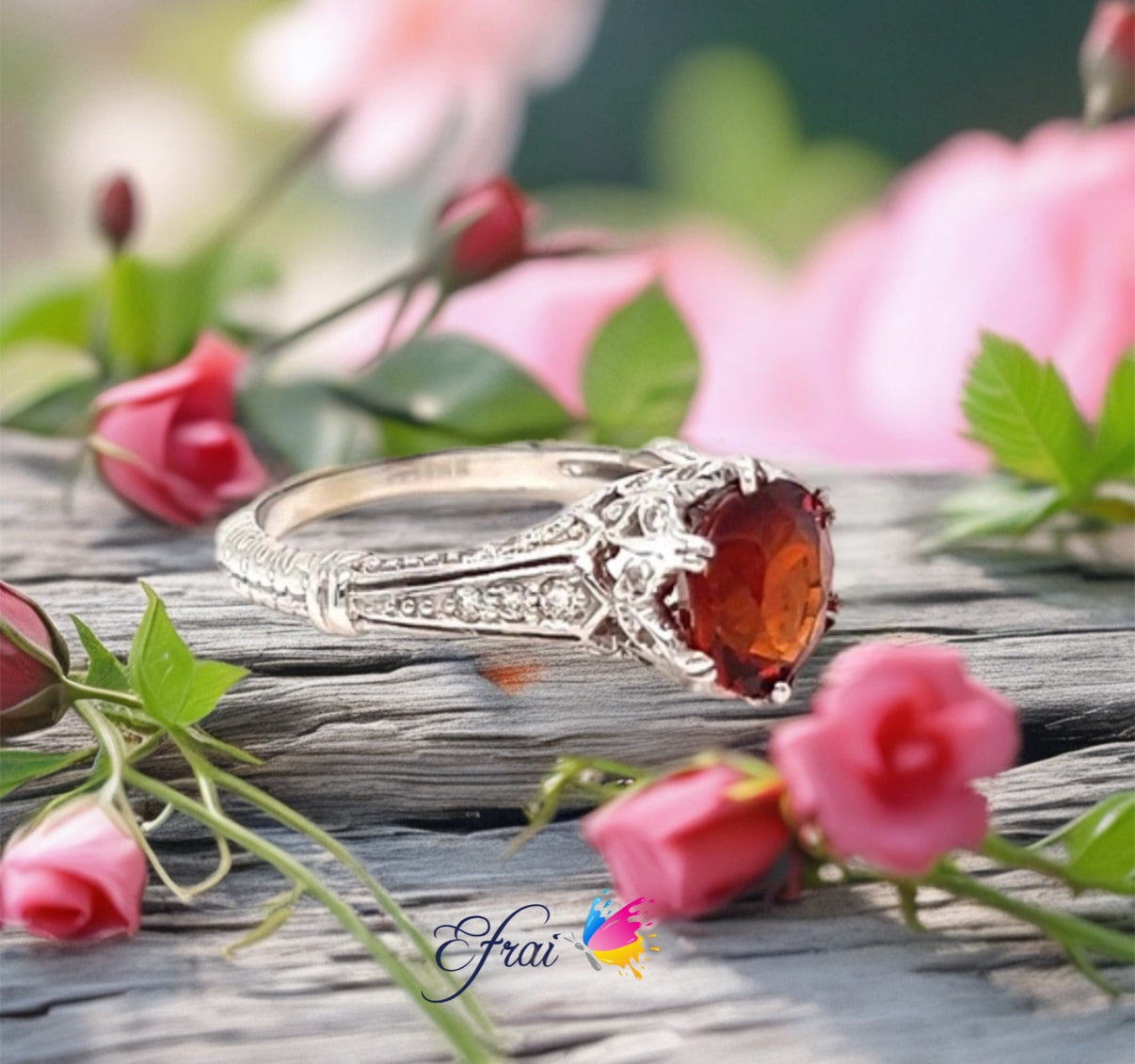 Deep blood orange garnet diamonds ring