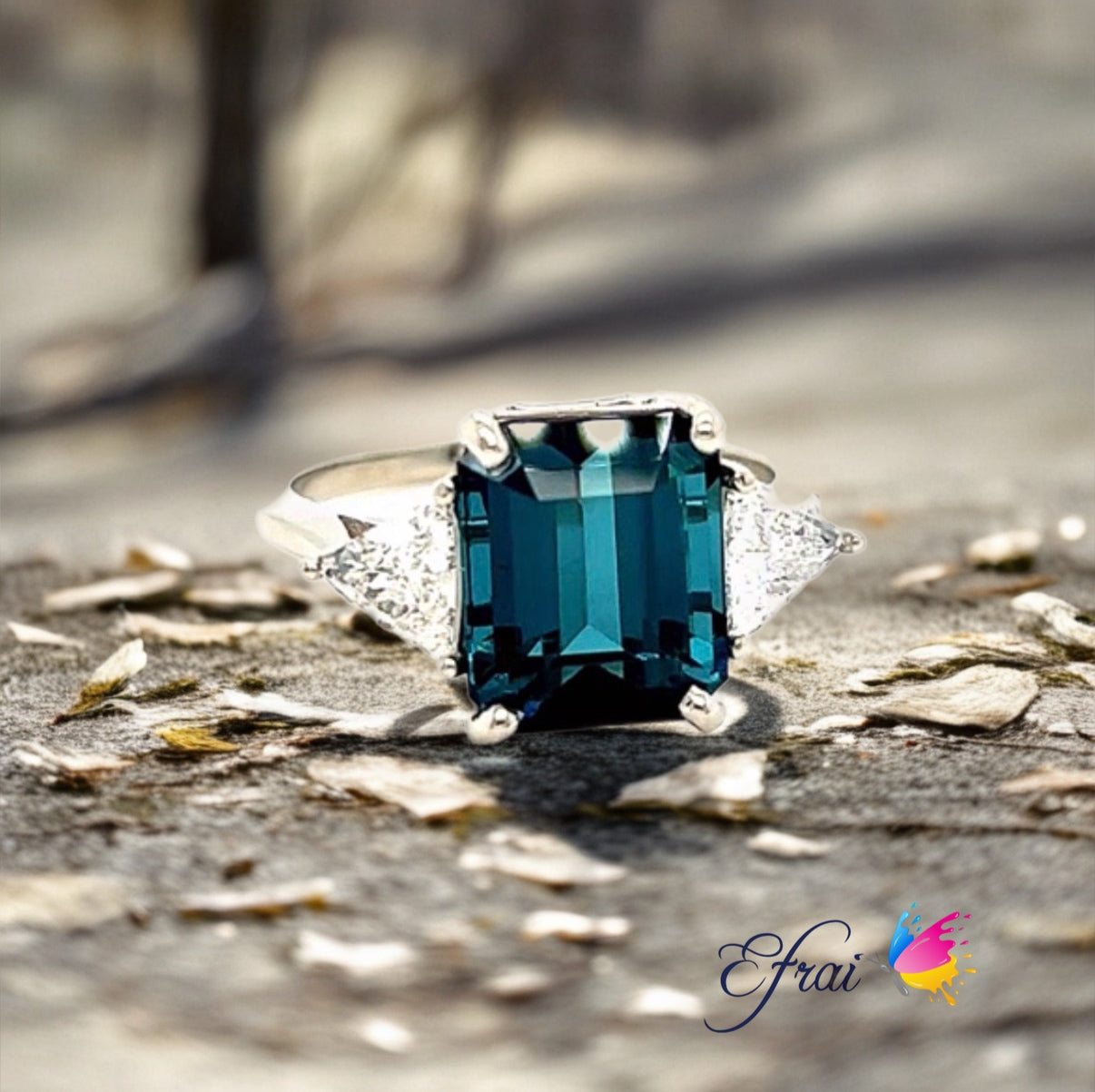 Indicolite blue EC tourmaline and trillions ring