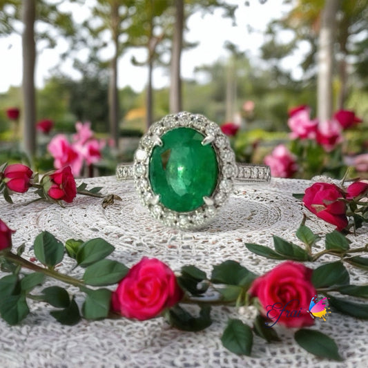 Gorgeous natural oval emerald and diamonds ring