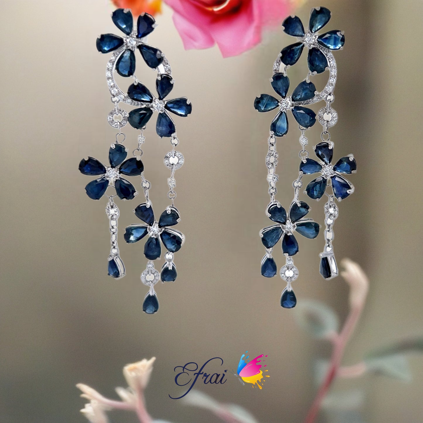 Blue sapphires flowers diamonds earrings