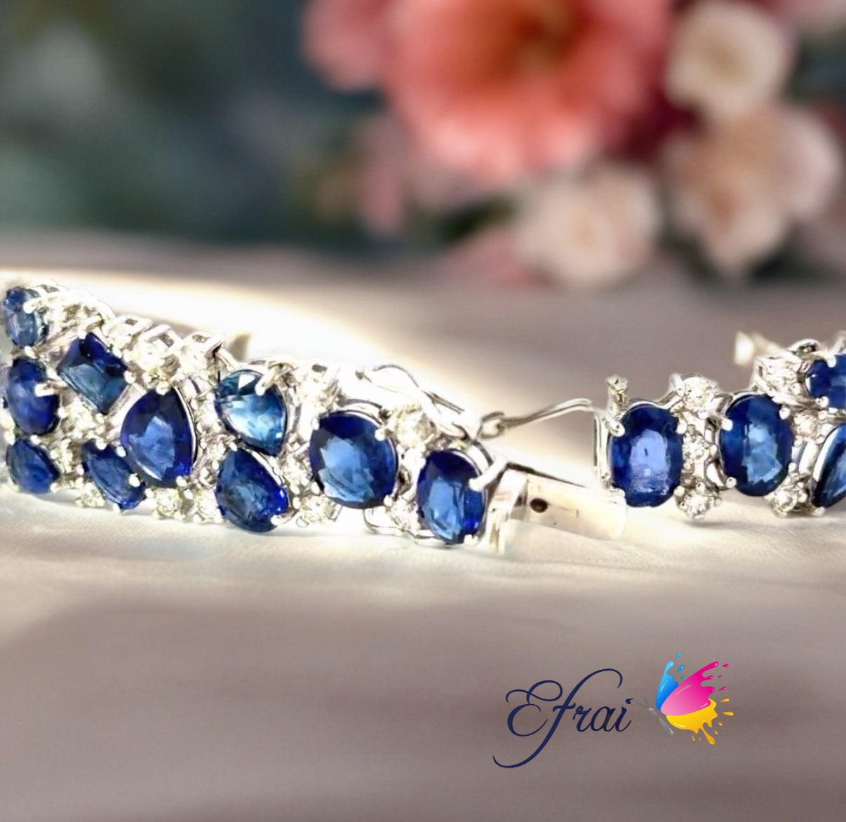 Natural Multi-Shape Vivid Blue Sapphire and Diamond Wide  Bracelet