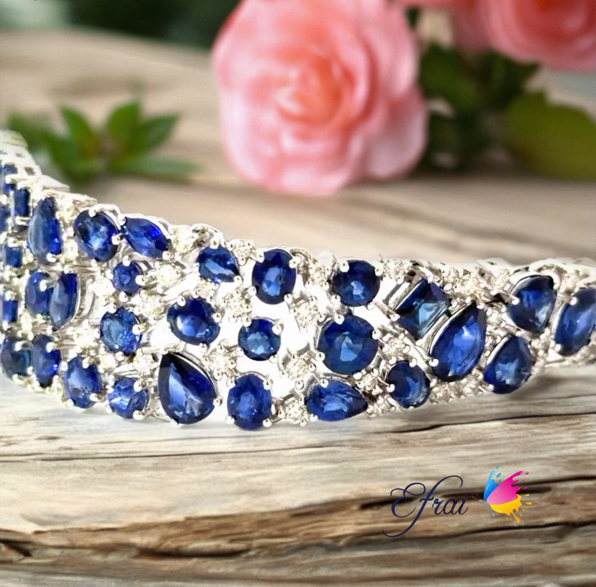 Natural Multi-Shape Vivid Blue Sapphire and Diamond Wide  Bracelet