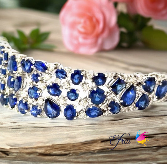 Natural Multi-Shape Vivid Blue Sapphire and Diamond Wide  Bracelet