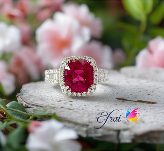 Natural neon red tourmaline and diamonds ring