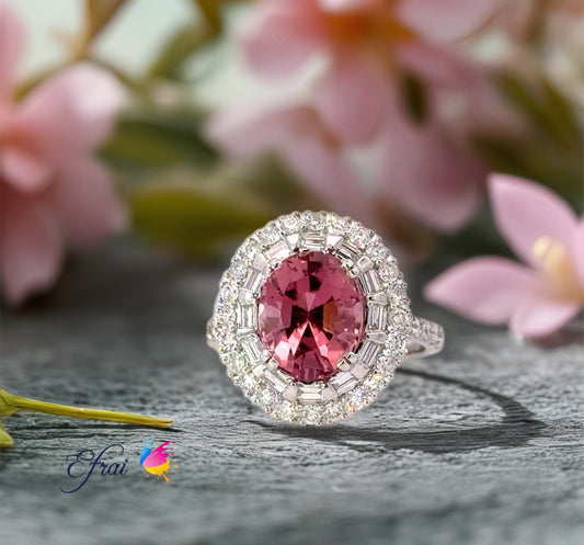Natural deep pink tourmaline and diamonds ring