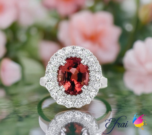 Gorgeous natural pink orange tourmaline and diamonds ring