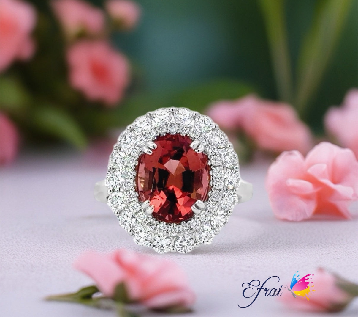 Gorgeous natural pink orange tourmaline and diamonds ring