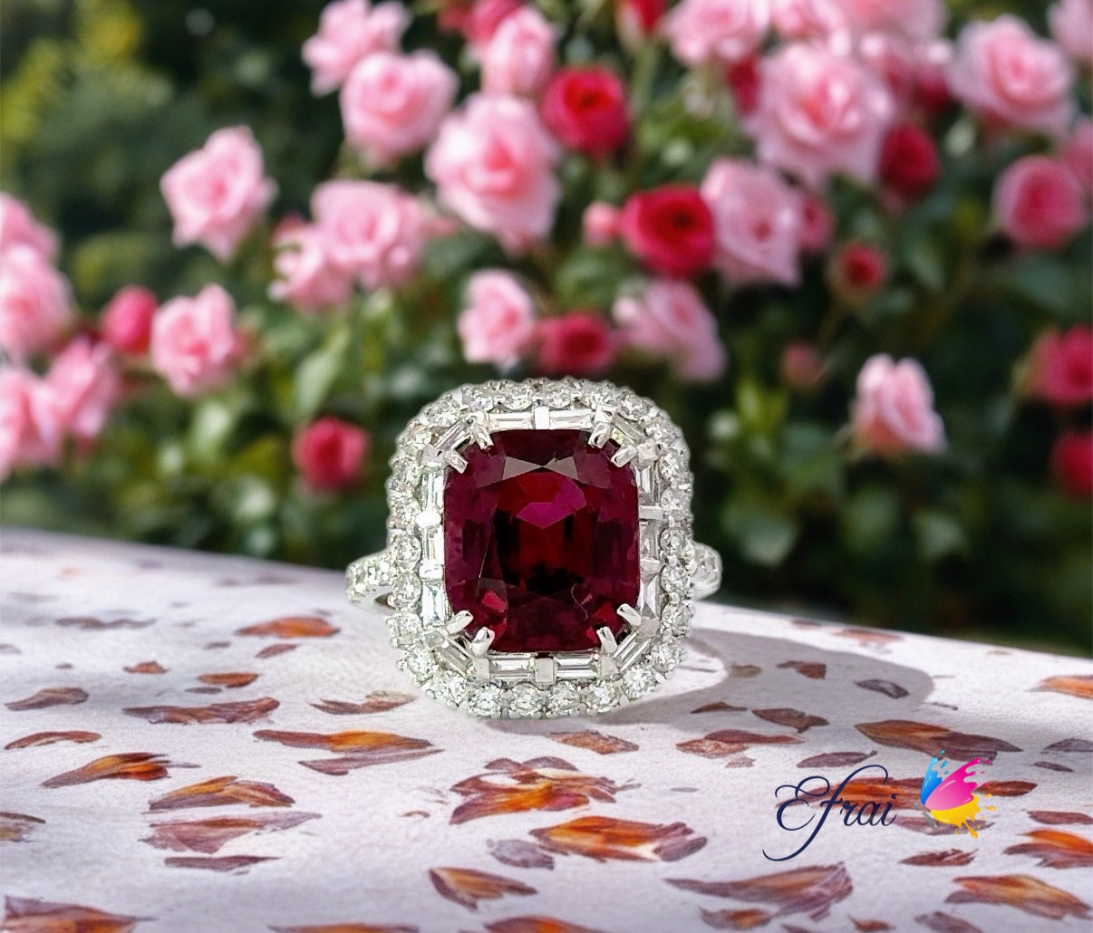 Gorgeous natural deep cherry garnet and diamonds ring