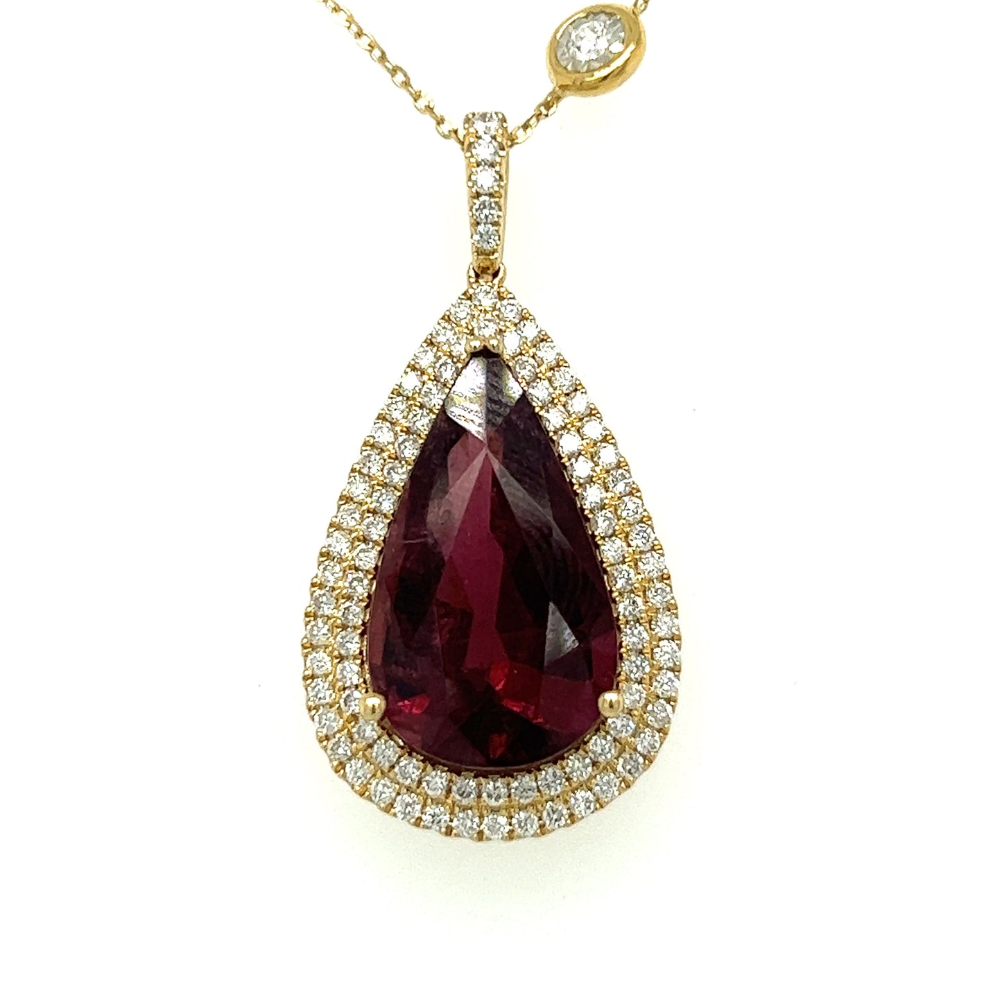 Natural big pear shaped deep red tourmaline and diamonds necklace