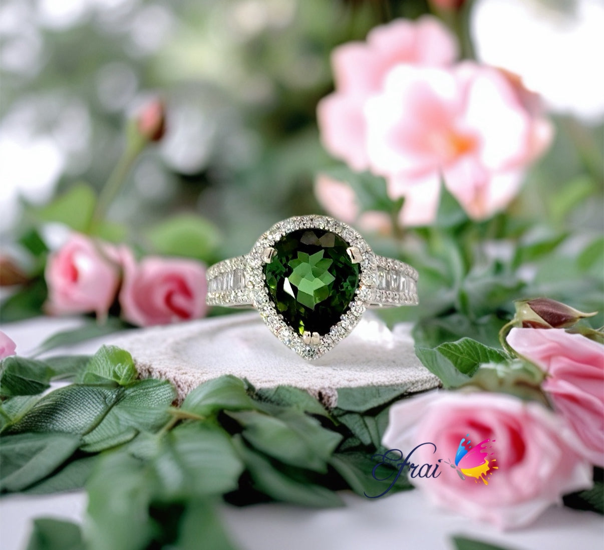 Natural pear shape Mint green tourmaline and diamonds ring