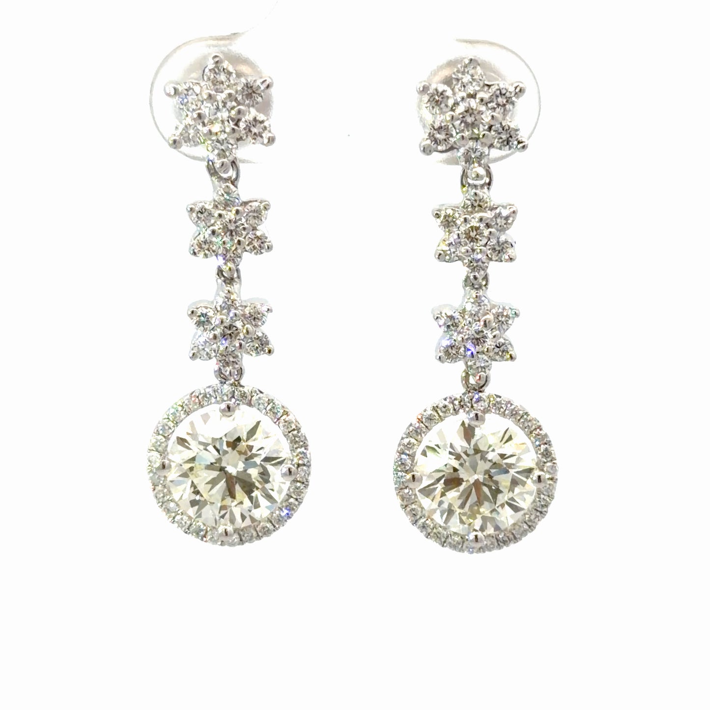 18K White Gold with Natural Round Diamond Halo Drop Earrings with Star Motifs