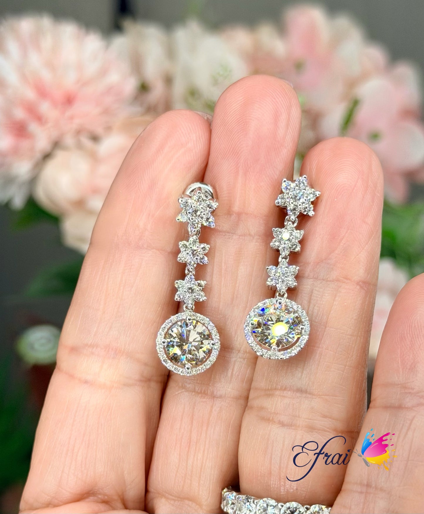 18K White Gold with Natural Round Diamond Halo Drop Earrings with Star Motifs