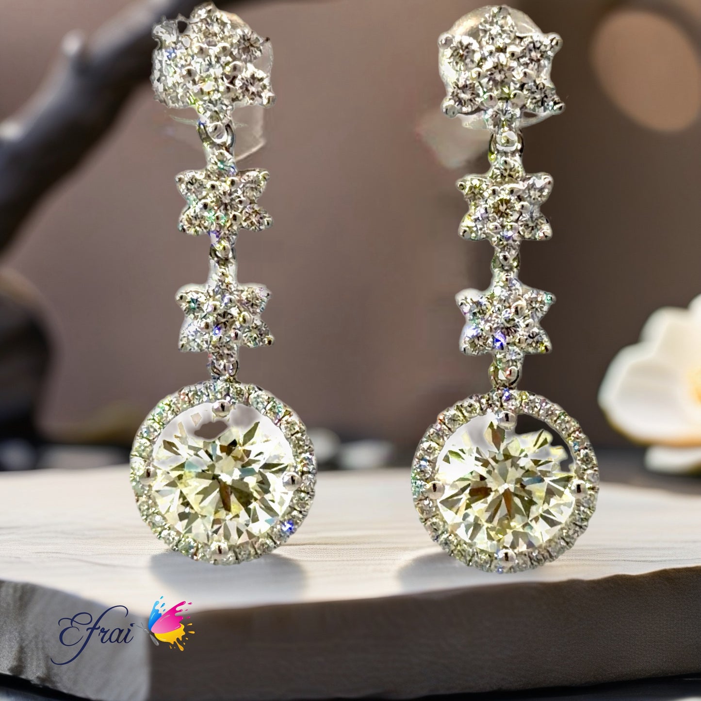 18K White Gold with Natural Round Diamond Halo Drop Earrings with Star Motifs