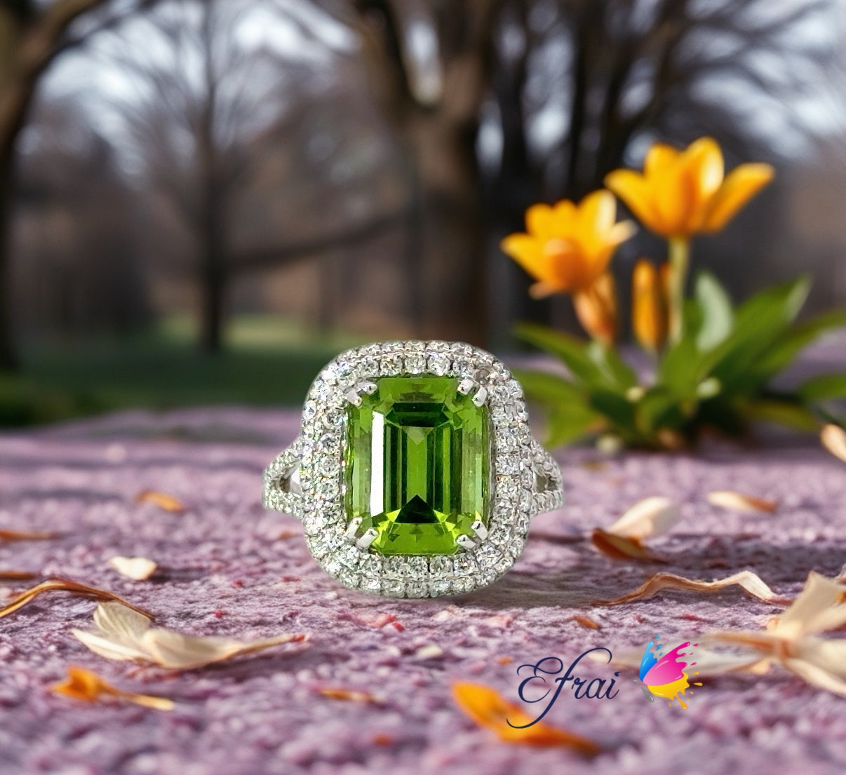 Gorgeous natural green peridot and diamonds ring