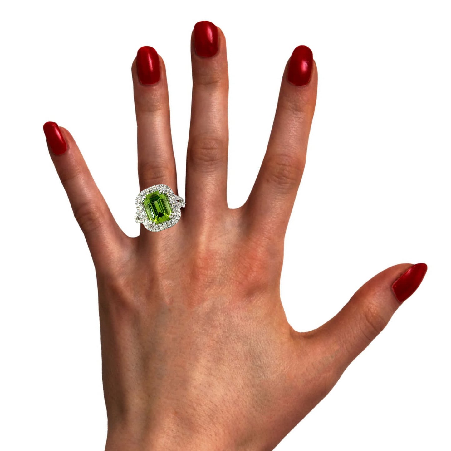 Gorgeous natural green peridot and diamonds ring