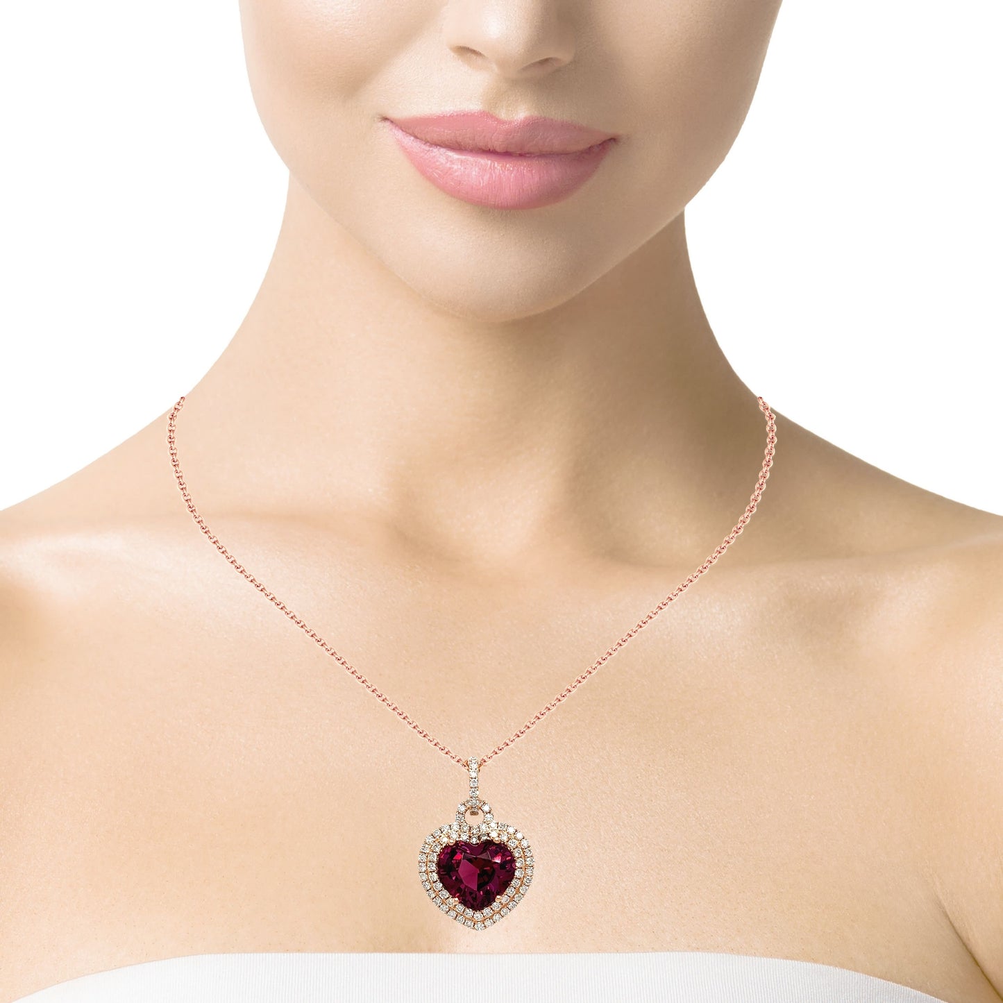 Natural Garnet vivid red heart diamonds necklace