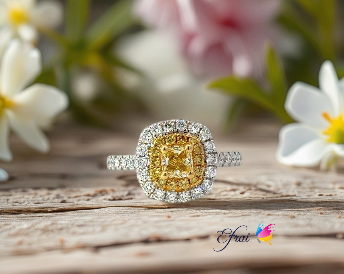 GIA natural cushion fancy yellow diamonds ring
