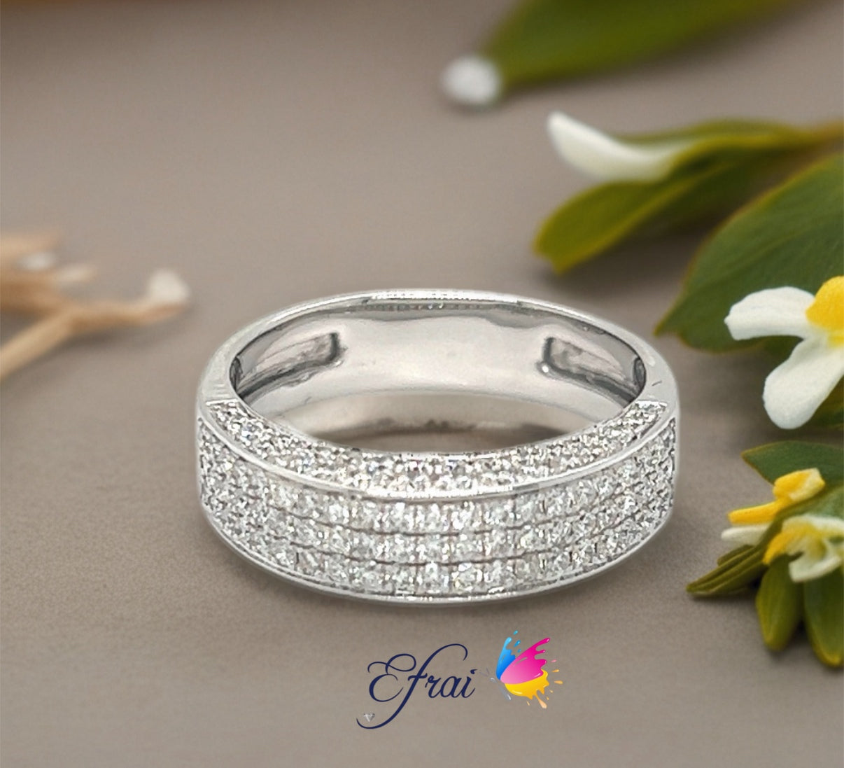 Gorgeous three D design of rows of natural round diamonds band