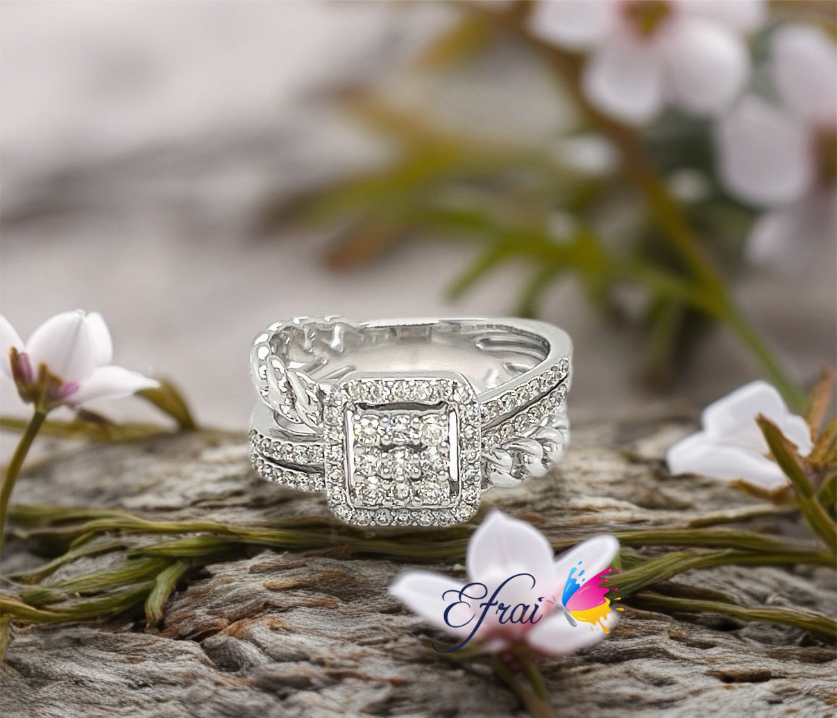 Square cluster round diamonds ring